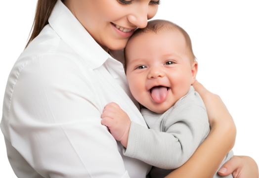 A smiling woman holds a happy baby with its tongue sticking out embracing affection and joy Infant Mother Holding Joyful Love Family Childhood Cute Adorable