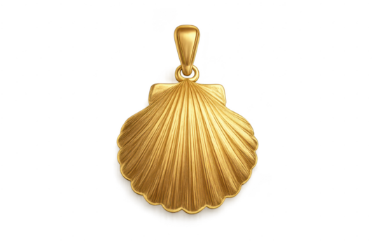 Elegant golden seashell pendant isolated on transparent background, jewelry