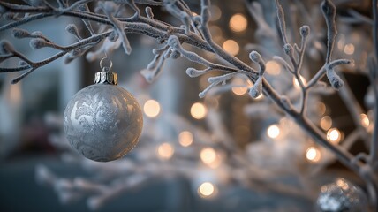 Glittering silver bauble on the frosted Christmas tree branch with warm holiday bokeh lights