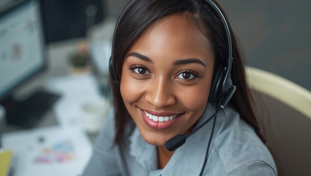 Close-up portrait of a smiling call center employee wearing a headset at a desk with computer and office materials in a modern corporate environment