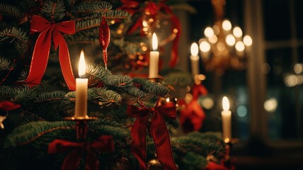 Christmas tree branch decorated with burning white candle and red ribbon in traditional festive home interior
