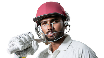 Focused Cricket Player Portrait: A determined cricketer in his uniform, shoulders the cricket bat, embodies the intensity and focus required in the sport.