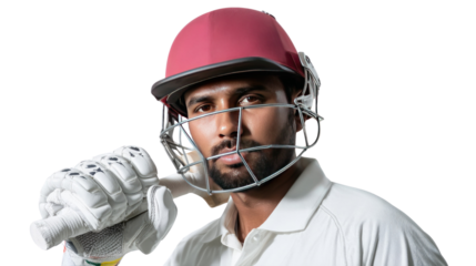 Focused Cricket Player Portrait: A determined cricketer in his uniform, shoulders the cricket bat, embodies the intensity and focus required in the sport.