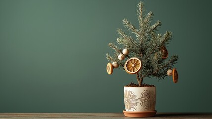 Small potted Christmas tree decorated with natural orange slices and fresh pine branches on wooden table