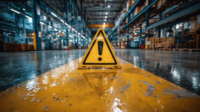 Caution Sign in Industrial Warehouse with Wide-Angle Perspective and Reflective Floor Surface