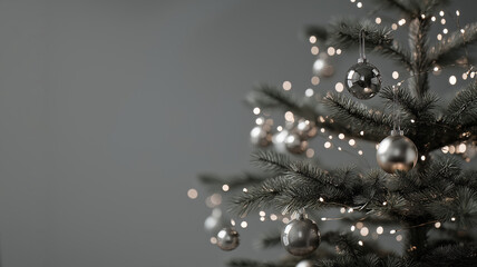Modern Christmas tree decorated with silver baubles and twinkling fairy lights in elegant minimalist home interior