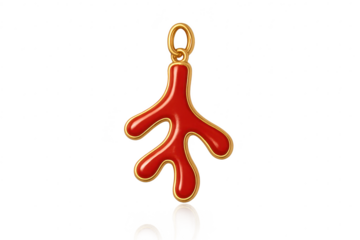 Elegant red coral pendant with golden frame isolated on transparent surface