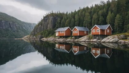 Fototapeta premium Three red cabins stand on stilts along a rocky shoreline, reflected in the calm water of a fjord under a cloudy sky.