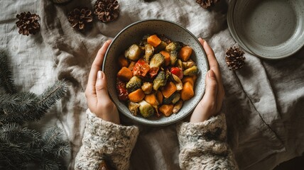 A pair of hands holding a bowl of roasted winter vegetables on a linen table with pinecones, spruce branch, and rustic holiday decor in cozy natural light