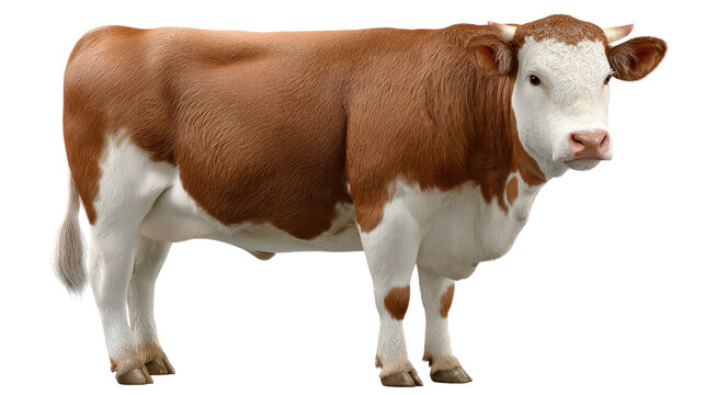 Simmental Cattle: A portrait of a striking Simmental cow showcasing its distinctive reddish-brown and white coat, an iconic breed celebrated for both its beef production and gentle nature.