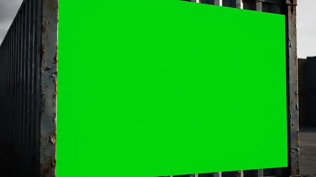 Rusty Shipping Container with Green Screen Billboard for Custom Content and Advertising Mockup in Industrial Port Area