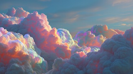 Brilliant iridescent rainbow colors illuminate fluffy clouds in a tranquil blue sky at holographic sunrise