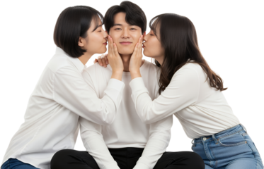 Two young women embrace a young man one kissing his cheek and the other touching his face affection love romantic relationship friendship happiness joy