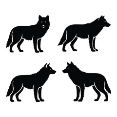 Silhouette of four wolves in different poses standing gracefully isolated on majestic wild animals art silhouette
