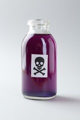 Bottle of poison with warning sign on light background