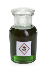 Bottle of poison with warning sign isolated on white