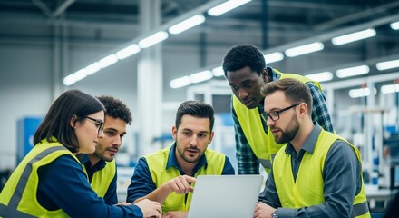 Diverse team of engineers collaborating intently on a laptop, strategizing innovation in a modern industrial setting.