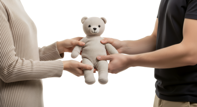 Two Hands Hold A Light Gray Knitted Teddy Bear Between Them With A Transparent Background Holding Toy Gift Present Soft Toy Plush Toy Stuffed Animal Child Childhood