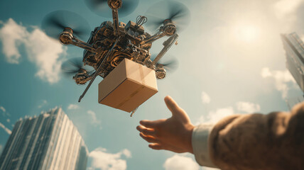 Close-up of futuristic drone delivering package to person in modern city with tall buildings and warm sunlight
