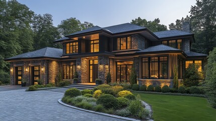 Luxury home at dusk, illuminated windows, stone facade, landscaped grounds.