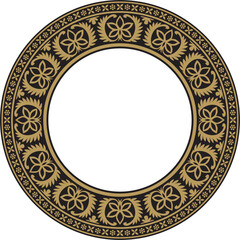 Vector round gold and black Indian national ornament. Ethnic plant circle, border. Frame, flower ring. Poppies and leaves.