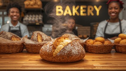 Freshly Baked Artisan Bread with Steam Rising on Wooden Counter in Bakery Displaying Various Breads and Pastries with Smiling Staff in Background