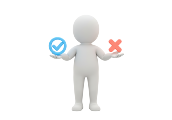 Isolated 3D man holding check mark and X symbol on hands against no background stand choice