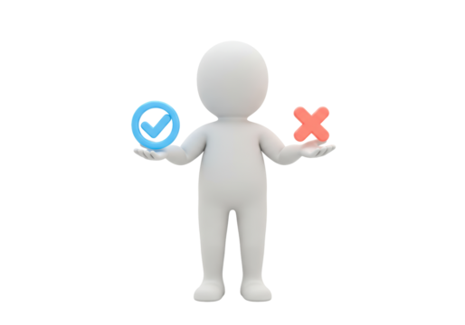 Isolated 3D man holding check mark and X symbol on hands against no background stand choice