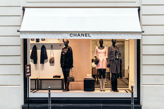 Paris, France - September 7, 2025: Chanel boutique storefront on Rue Cambon with mannequins and displays
