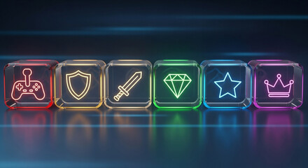 Neon cubes glow with gaming icons—controller, shield, sword, diamond, star, and crown—symbolizing roles, rewards, and digital prestige.