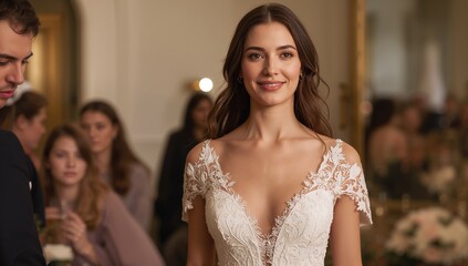 Naklejka premium Bride in elegant white wedding dress smiling during preparation with friends and family in the background at bridal morning event