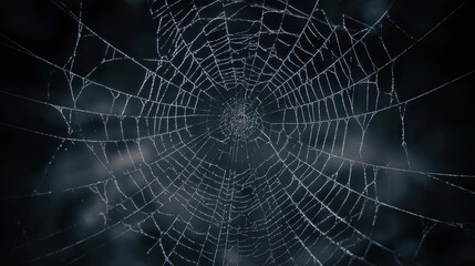 Close-Up of Symmetrical Spider Web with Intricate Thread Textures on Dark Blurred Backdrop - A Weave of Natural Complexity