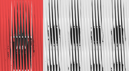 Split abstract pattern with red and black on one side and black and white on the other, featuring vertical lines