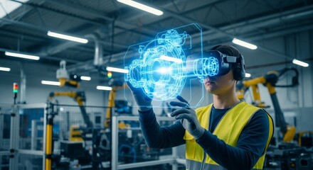 Engineer utilizes augmented reality headset to visualize complex machinery blueprint in a modern factory setting, driving innovation and efficiency.