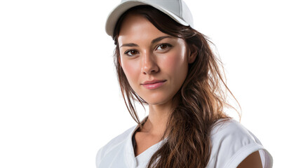 Sporty Beauty's Portrait: A candid close-up of a youthful woman, adorned with a baseball cap, exuding athletic grace and confidence, revealing a sporty elegance.