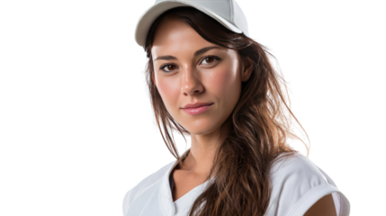 Sporty Beauty's Portrait: A candid close-up of a youthful woman, adorned with a baseball cap, exuding athletic grace and confidence, revealing a sporty elegance.