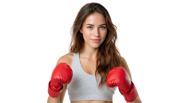 Ready for Battle: A portrait of a confident athletic woman, donning boxing gloves and posing ready to compete, showing resilience, and determination.
