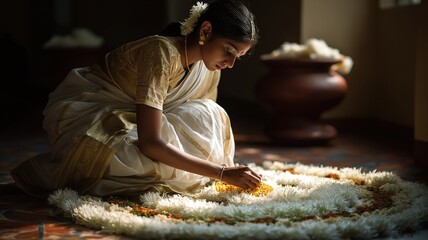 Young woman in festive saree creating pookalam floral decoration on floor during Onam celebration indoors in natural daylight