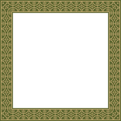 Vector square gold with green border, frame, Pompeii. Rectangle Neopolitan ornament. Art of Ancient Rome. Template for stained glass