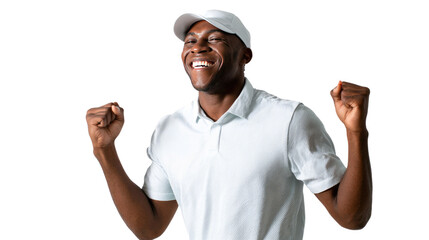Triumph and Smile: Capturing a moment of unbridled joy and success, a person celebrates triumph with a dazzling smile and raised fists, embodying pure exhilaration and elation.