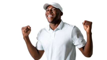 Triumph and Smile: Capturing a moment of unbridled joy and success, a person celebrates triumph with a dazzling smile and raised fists, embodying pure exhilaration and elation.