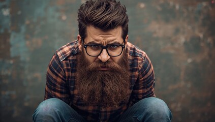 Portrait of a serious man with a thick beard and glasses wearing a plaid shirt sitting on the ground against a textured background with an intense expression