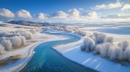 Aerial view of winding river surrounded by snowy winter landscape and frosted trees under a vibrant blue sky