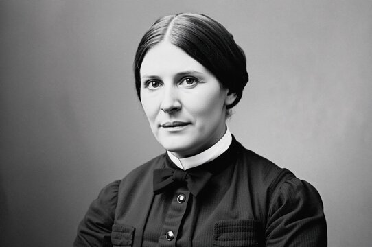 Black and white portrait of a serious woman with a historical 19th-century hairstyle wearing a buttoned dress, representing a reformer and activist in women's rights and temperance movement.