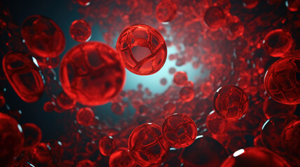 A detailed 3D microscopic view of red cells and plasma with dynamic depth of field highlighting blood circulation and cellular structure