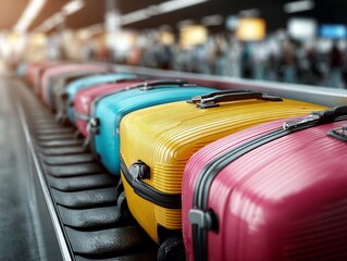 Close-up of colorful luggage on a conveyor belt at airport baggage claim, people waiting nearby, generated image