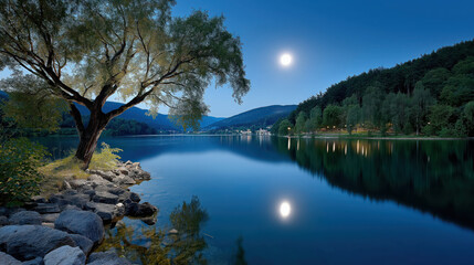 Serene moonlit night reflects beautifully on calm lake, surrounded by lush trees and mountains, creating peaceful atmosphere