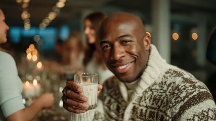 A man smiles while holding a drink at a friendly gathering in a cozy, warm setting - Powered by Adobe