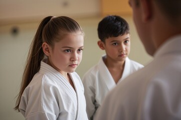 Two young children practicing judo indoors with focused expressions while wearing traditional white gi uniforms during a training session.