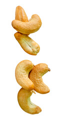 A set of six roasted or baked cashew nuts in two heaps isolated on white background with clipping path.